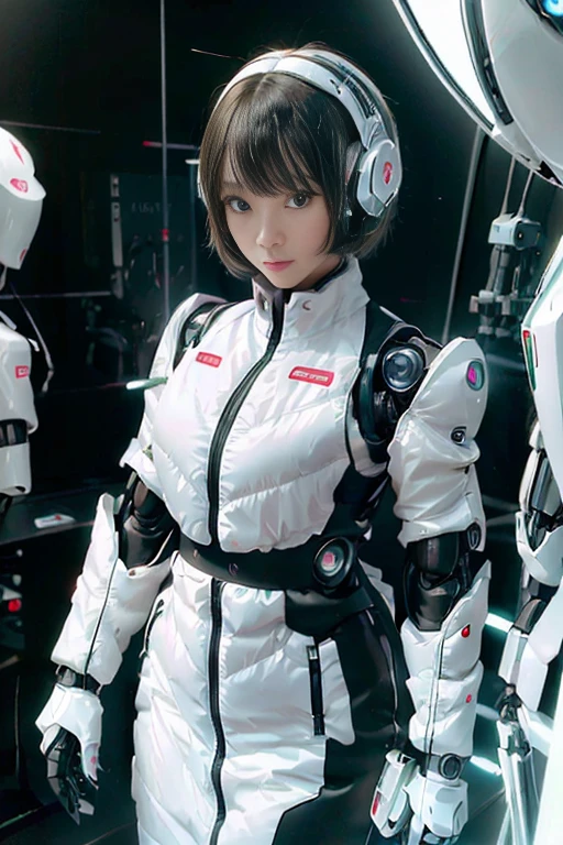 A girl in a futuristic bright white heavily armored robot suit takes a photo、perfect android girl, Female cyborg body, Perfect anime cyborg woman, Beautiful female android!, Female Robot, completely robot!! girl, Cute cyborg girl, Cyber Suit, Girl wearing mecha cybernetic armor, Cyber Suit, beutiful white girl cyborg, Beautiful female android, Beautiful girl cyborg、Cute cyborg girl with short bob hair、Beautiful android sculpture model、(Laughter)、((Rounded, white, sturdy armor))、(((Equipped with long sensor antennas on both ears)))、(((Robot Girl)))、(((Android girls)))、