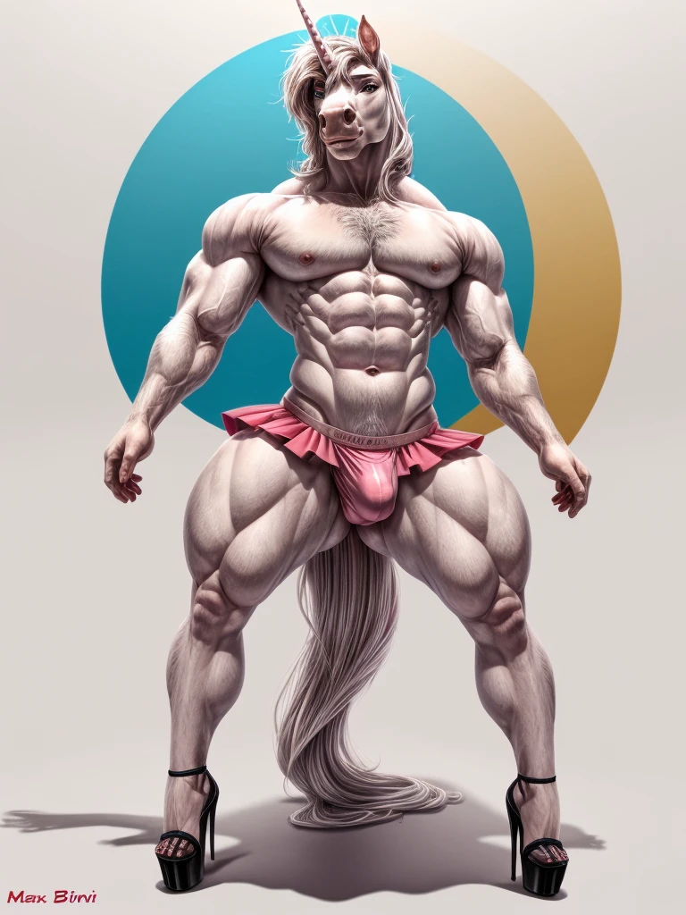 Male , white equine, unicorn, Muscular, femboy, solo, thin waist, thick thighs, round ass, hourglass figure, pink thong, bulge, high heels, soft chest, pink mini skirt