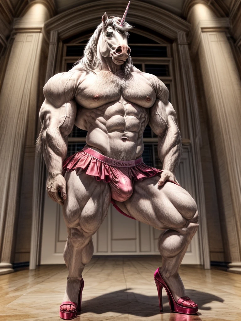 Male , white equine, unicorn, Muscular, femboy, solo, thin waist, thick thighs, round ass, hourglass figure, pink thong, bulge, high heels, soft chest, pink mini skirt