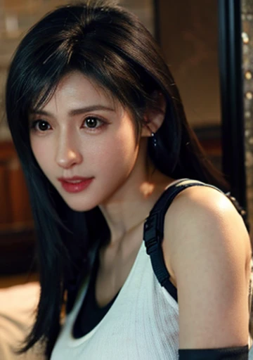 (realistic: 1.4), top quality, Very delicate and beautiful, high resolution, 1 woman, Tifa_Lockhart, laugh, cowboy shot, shoulder strap, Low Rise, mini skirt, tank top, tense shirt, black hair, long hair, elbow gloves, Beautiful and detailed red eyes, Facial light, movie lights, navel, High exposure, abdominal exposure, ribs, Abs, ( huge : 1.2), dynamic pose, dynamic angle, Tifa, medium chest,Undressody