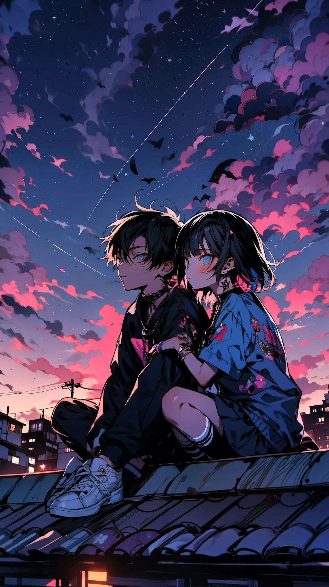 thin outlines, anime style, cool and edgy, a teenage boy and girl sitting on a rooftop at dusk, watching the stars come out, their faces lit with soft, ethereal light, and expressions of pure joy. peaceful, dreamy lighting, high detail, nostalgic mood, fashionable, posing, colorful, confident, expression, accessory, coiled, around, stylish, striking, modern, fashion
