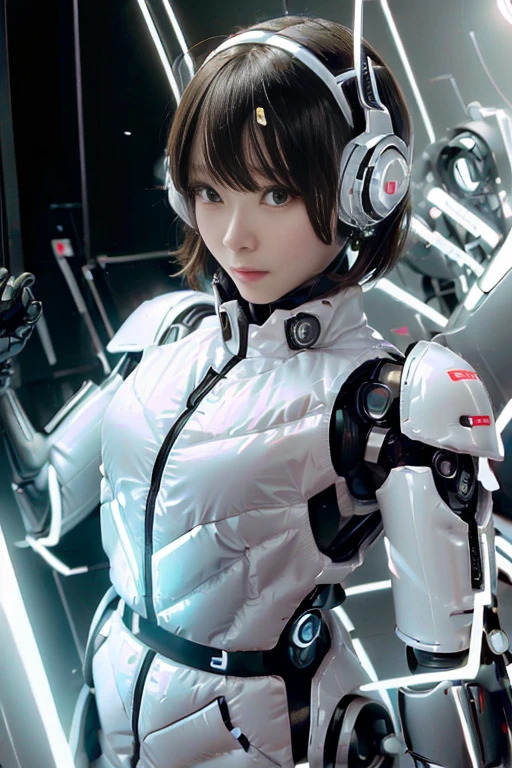 A girl in a futuristic bright white heavily armored robot suit takes a photo、perfect android girl, Female cyborg body, Perfect anime cyborg woman, Beautiful female android!, Female Robot, completely robot!! girl, Cute cyborg girl, Cyber Suit, Girl wearing mecha cybernetic armor, Cyber Suit, beutiful white girl cyborg, Beautiful female android, Beautiful girl cyborg、Cute cyborg girl with short bob hair、Beautiful android sculpture model、(Laughter)、((Rounded, white, sturdy armor))、(((Equipped with long sensor antennas on both ears)))、(((Robot Girl)))、(((Android girls)))、