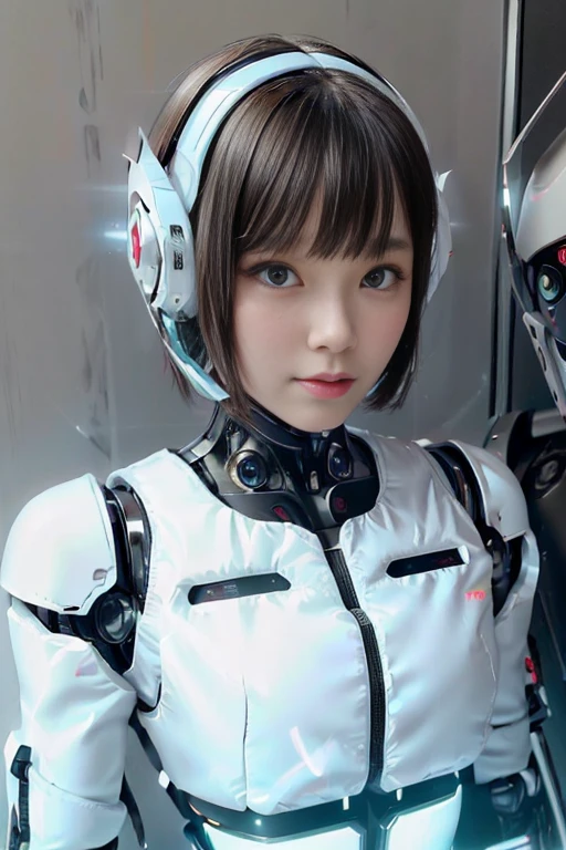 A girl in a futuristic bright white heavily armored robot suit takes a photo、perfect android girl, Female cyborg body, Perfect anime cyborg woman, Beautiful female android!, Female Robot, completely robot!! girl, Cute cyborg girl, Cyber Suit, Girl wearing mecha cybernetic armor, Cyber Suit, beutiful white girl cyborg, Beautiful female android, Beautiful girl cyborg、Cute cyborg girl with short bob hair、Beautiful android sculpture model、(Laughter)、((Rounded, white, sturdy armor))、(((Equipped with long sensor antennas on both ears)))、(((Robot Girl)))、(((Android girls)))、