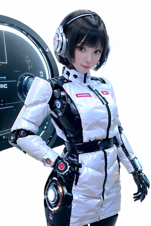 A girl in a futuristic bright white heavily armored robot suit takes a photo、perfect android girl, Female cyborg body, Perfect anime cyborg woman, Beautiful female android!, Female Robot, completely robot!! girl, Cute cyborg girl, Cyber Suit, Girl wearing mecha cybernetic armor, Cyber Suit, beutiful white girl cyborg, Beautiful female android, Beautiful girl cyborg、Cute cyborg girl with short bob hair、Beautiful android sculpture model、(Laughter)、((Rounded, white, sturdy armor))、(((Equipped with long sensor antennas on both ears)))、(((Robot Girl)))、(((Android girls)))、
