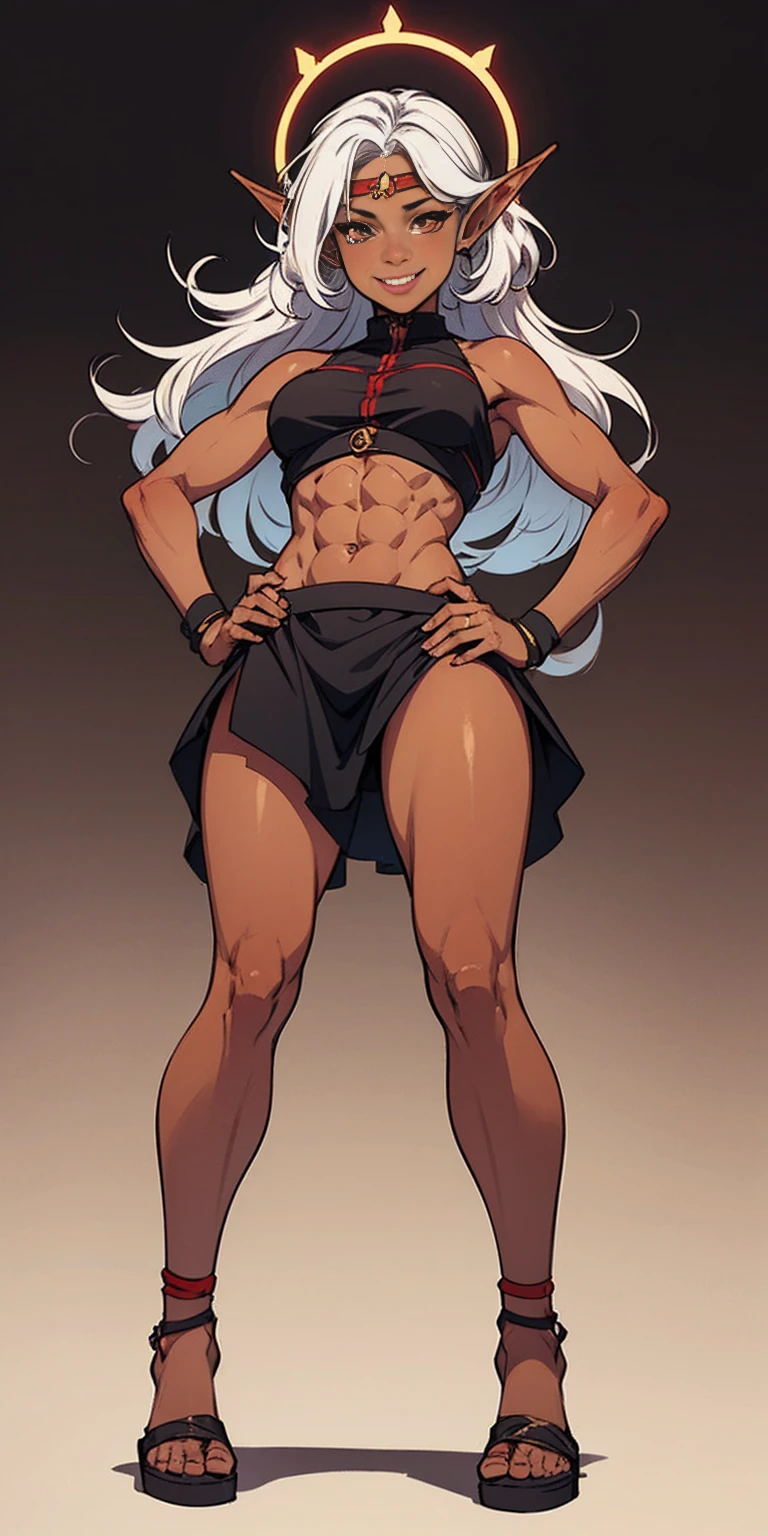 (Masterpiece, plain background:1.2) 1sologirl female full body, standing straight symmetrical feet together looking to camera view from below, strong abs, red cheeks smiling, dark elf, dark skin, long mess white hair, red eyes, circlet