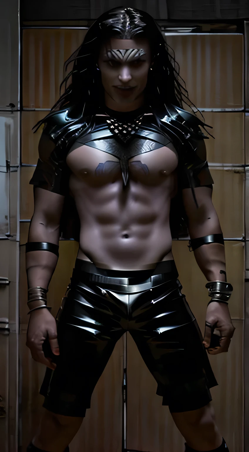 masterpiece, highest quality, ethereal,1guy, solo, , two-toned black and white hair, venom eyes, porcelain skin, long hair, wearing leather harness, black tight pants, luxury red room, jewelry, depth of field, cinematic lighting, muscular, colored lights purple , vampire, fangs, no shirt