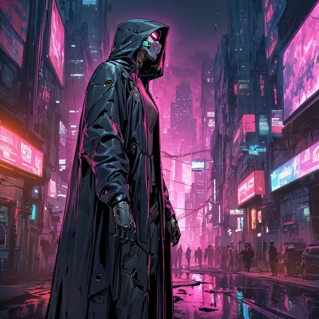 (highest quality:1.3), (Top performance:1.2), (Best illustrations:1.2), (Comic book style:1.2), (Artistic Film Lighting:1.2) (1 person) Wearing futuristic technology cyberpunk electronic robe, His body is covered with metal parts, Horror movie-like background of a futuristic cyberpunk city.