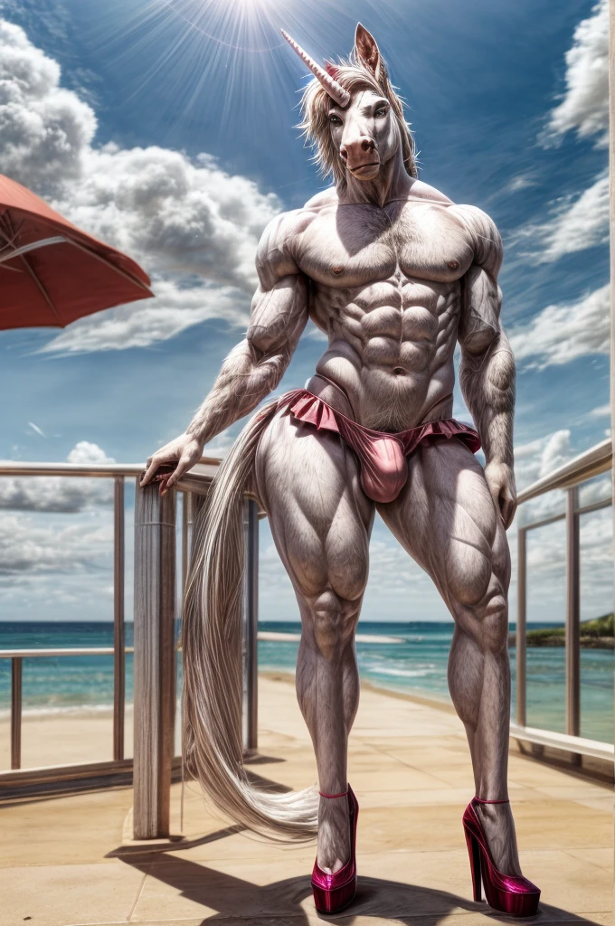 Male , white equine, unicorn, Muscular, femboy, solo, thin waist, thick thighs, round ass, hourglass figure, pink thong, bulge, high heels, soft chest, pink mini skirt