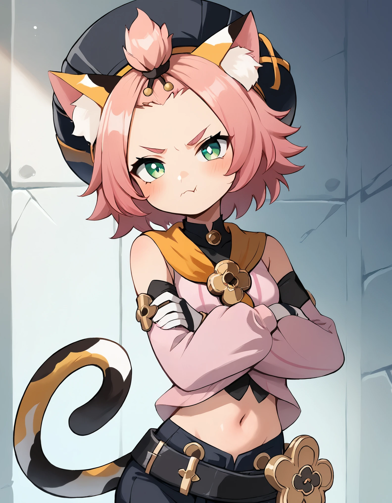 score_9, score_8_up, score_7_up, score_6, source_anime, BREAK diona \(genshin impact\), mngmst_style, 1girl, animal ear fluff, animal ears, annoyed, belt, black shorts, cat ears, cat girl, cat tail, crossed arms, forehead, green eyes, hat, looking at viewer, navel, pink hair, pink shirt, pout, shirt, short hair, shorts, solo, tail, topknot