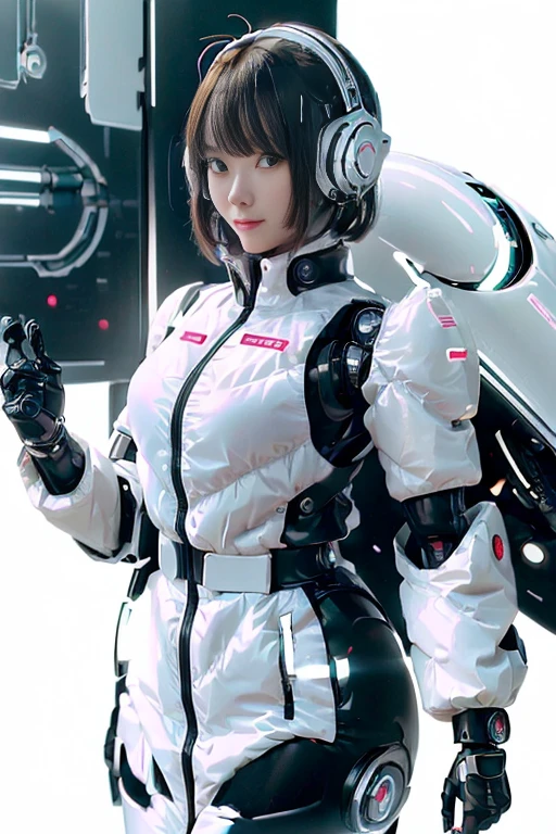 A girl in a futuristic bright white heavily armored robot suit takes a photo、perfect android girl, Female cyborg body, Perfect anime cyborg woman, Beautiful female android!, Female Robot, completely robot!! girl, Cute cyborg girl, Cyber Suit, Girl wearing mecha cybernetic armor, Cyber Suit, beutiful white girl cyborg, Beautiful female android, Beautiful girl cyborg、Cute cyborg girl with short bob hair、Beautiful android sculpture model、(Laughter)、((Rounded, white, sturdy armor))、(((Equipped with long sensor antennas on both ears)))、(((Robot Girl)))、(((Android girls)))、