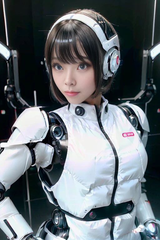 A girl in a futuristic bright white heavily armored robot suit takes a photo、perfect android girl, Female cyborg body, Perfect anime cyborg woman, Beautiful female android!, Female Robot, completely robot!! girl, Cute cyborg girl, Cyber Suit, Girl wearing mecha cybernetic armor, Cyber Suit, beutiful white girl cyborg, Beautiful female android, Beautiful girl cyborg、Cute cyborg girl with short bob hair、Beautiful android sculpture model、(Laughter)、((Rounded, white, sturdy armor))、(((Equipped with long sensor antennas on both ears)))、(((Robot Girl)))、(((Android girls)))、