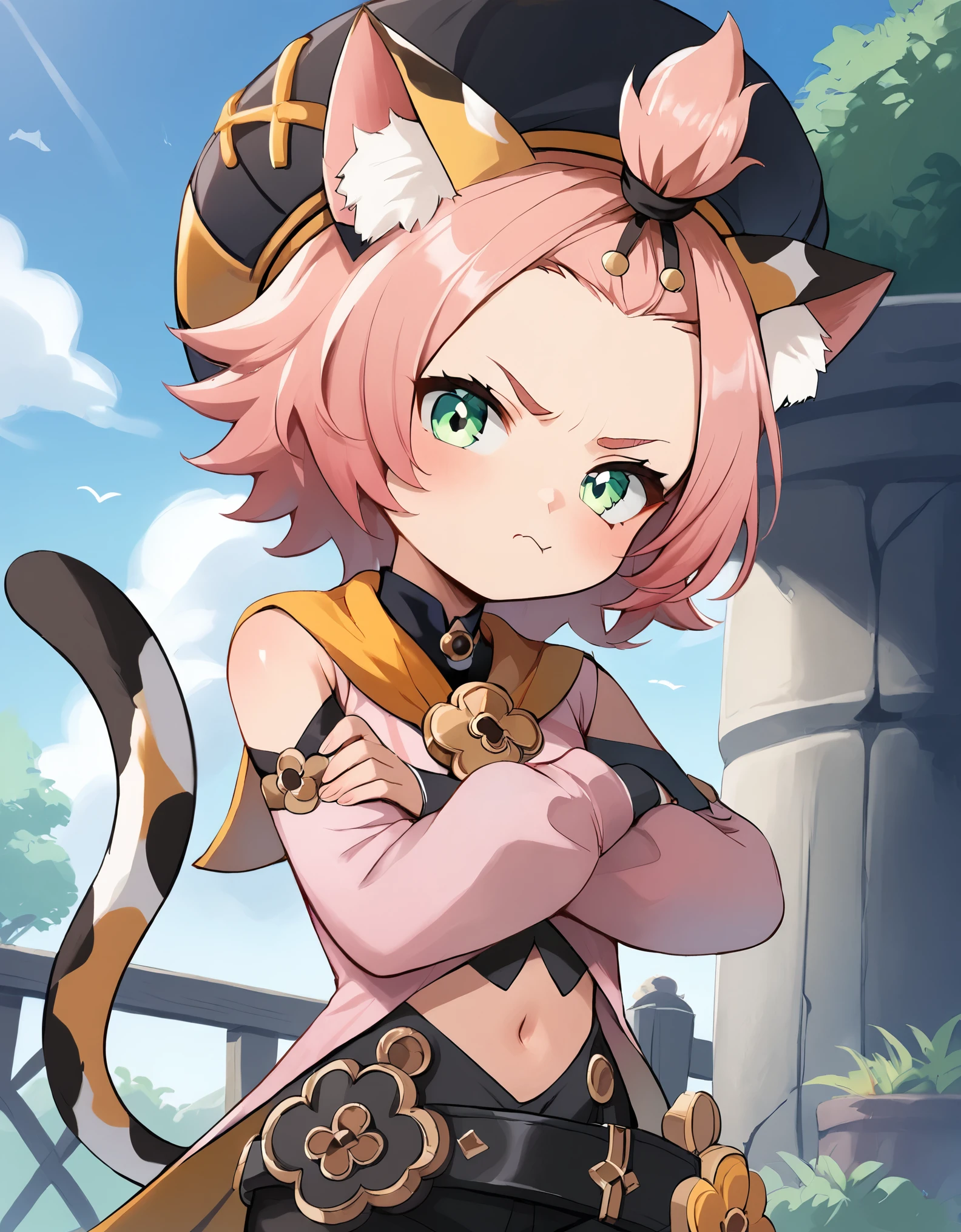 score_9, score_8_up, score_7_up, score_6, source_anime, BREAK diona \(genshin impact\), mngmst_style, 1girl, animal ear fluff, animal ears, annoyed, belt, black shorts, cat ears, cat girl, cat tail, crossed arms, forehead, green eyes, hat, looking at viewer, navel, pink hair, pink shirt, pout, shirt, short hair, shorts, solo, tail, topknot