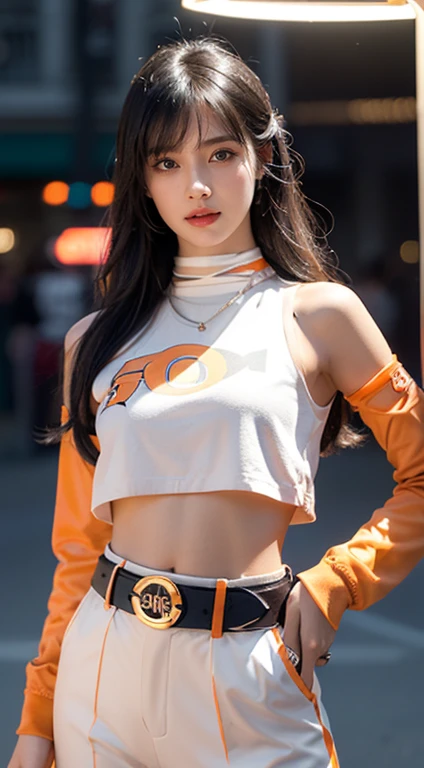 (very detailed eyes), (((Fabric shades))), (((best quality))), (((table top))), (((Highly detailed CG))), shameless girl, (((magical ))), (small), (), black hair, black hair, black hair, pin your aunt, ((fluffy hair, very cool hair)), pink eyes, (((retro style, Vibrant Orange Pants, Coordinates perfectly with the striking tape logo patch detail belt.., y2k))), ((posing)), (((game CG)) (very cool, shameless, The woman), fancy jewelry, Full LED on background, LEDs twinkling in the background, retro light, Retro vibe, led light retro, magic disco light led, Intense 80's atmosphere, cowboy shot, Midshot, central image, eyes looking at camera, front view