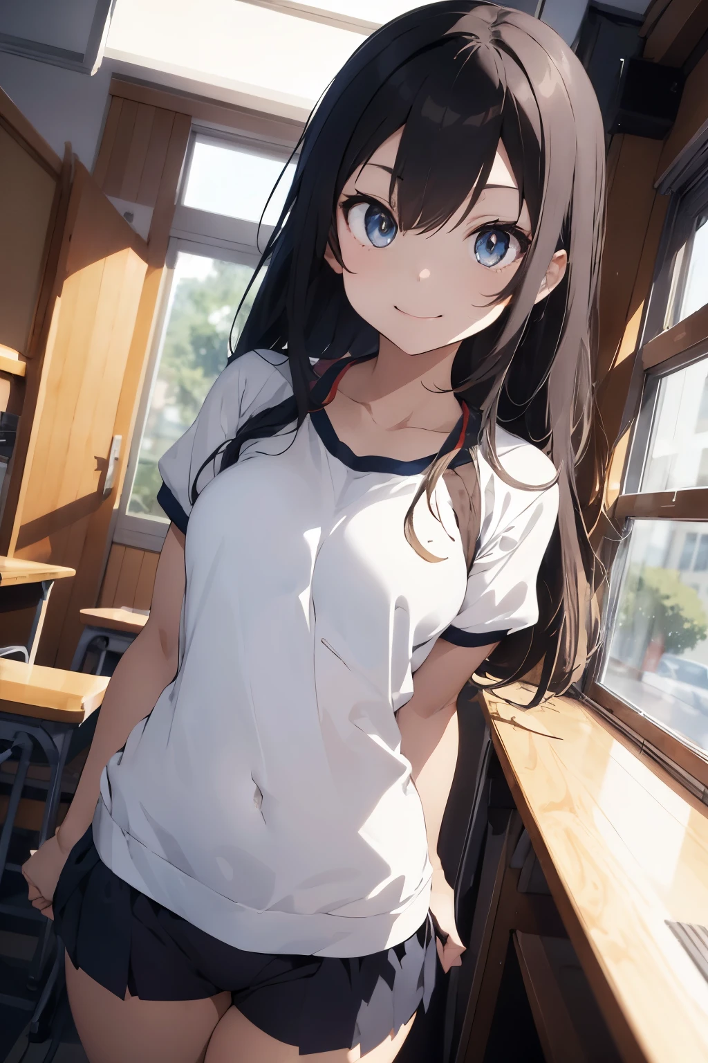 flat vector art, anime girl, beautiful anime style girl, wallpaper, large anime eyes, detaild face, flat color, gym uniform,gym clothes,buruma,athletic bloomers ,clean detailed faces, analogous colors, glowing shadows, beautiful gradient, clean image, high quality, high detail, high definition, Luminous Studio graphics engine, ultra cute face, slim waist, nice hips,affection, blush, happy smile, school, class room