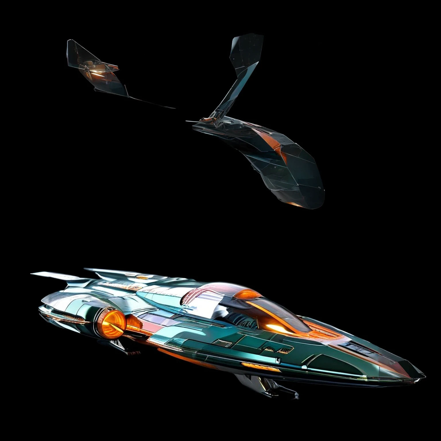 An awe-inspiring 3D render of a futuristic starship, seamlessly merging the imaginative realms of Jules Verne, Cosmicpunk, Gerry and Sylvia Anderson, Larry Niven, and Jules Verne. ((!The spaceship's base design 30% of the Babylon 5 station. The starship's bridge is a 75% version of a 1957 Chevy Nomad, and a 1980s Mack Truck cab))).An avant-garde art piece suspended in mid-air, defying gravity with its intricate and ethereal beauty. The multidimensional sculpture, inspired by a chart, is a dazzling blend of metallic and translucent materials, reflecting light in a mesmerizing array of colors and patterns. At its core: stunning 3D sculpted futuristic starship from the 24th century. The ship boasts 4 unique 9 volt battery-shaped glass diamond nacelles - two positioned above the main body and two situated at the rear, interconnected by pulsating blue conduits. The bridge of the vessel resembles a circular, elongated 1974 Winnebago suspended at the front by lemon-colored pylons. The ship's triangular body, which spans 288 feet, is adorned in a captivating palette of dark orange, forest green, and black cherry tones. Envelopes the composition with dynamic elements such as passing meteors and a vibrant nebula-like planet featuring multicolored meteors to create an immersive cosmic spectacle. Constructed metallic steely blue wires and filament, connecting nodes and data points in a mesmerizing dance of connectivity and complexity. The metallic gold surface, rich forest green texture, and luxurious plum accent strip create a stunning visual effect. Fiery details adorn the sides, enhancing the starship's otherworldly appearance. The spacecraft flies near an exquisite planet with vibrant rings, a nearby nebula, and a few other ships, creating a breathtaking scene.