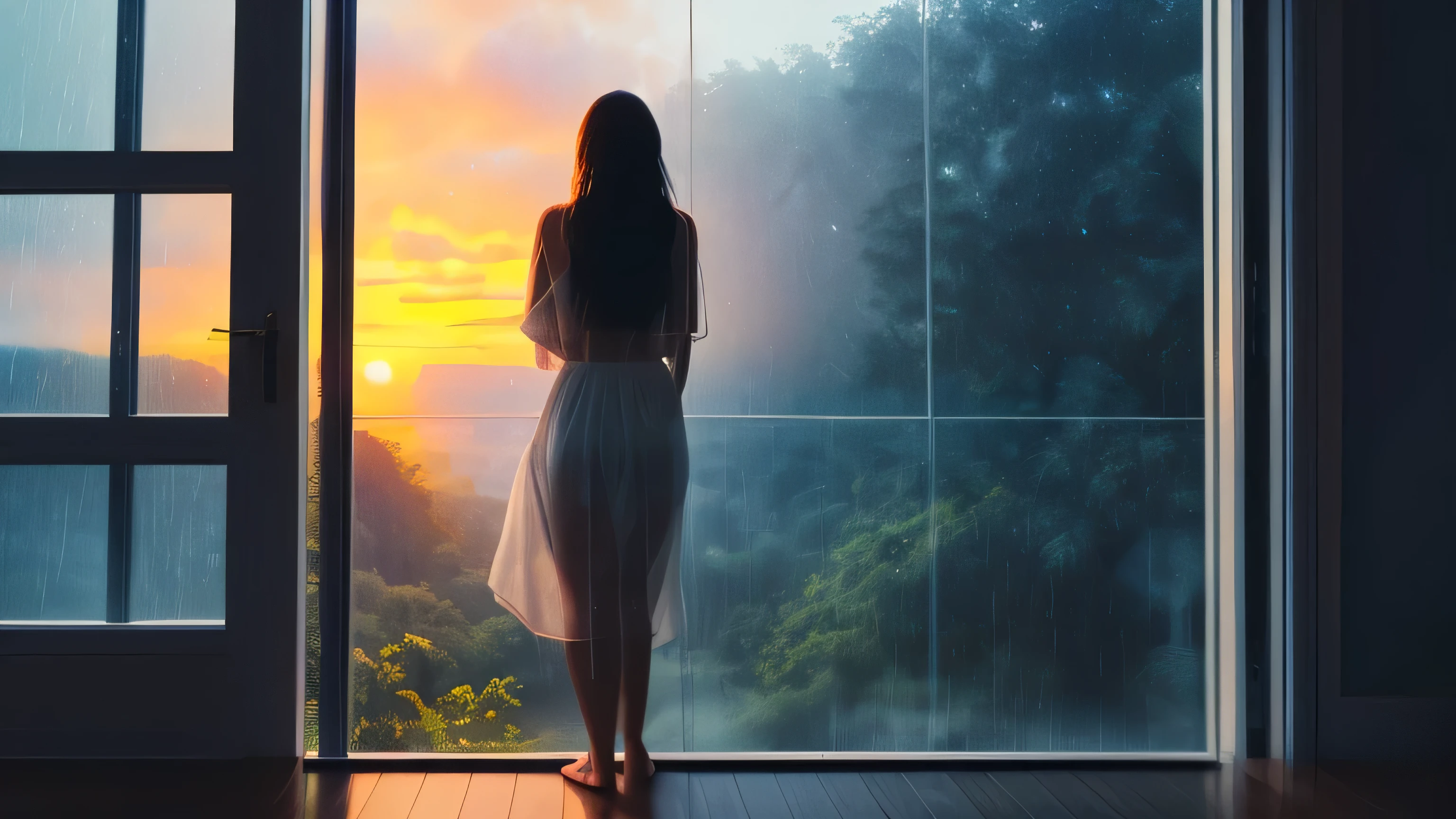 a woman standing in front of a window, looking out window, a small dog beside woman, wearing a white bikini, junglescape background, wearing headphones, a digital painting inspired by Alena Aenami, pixiv, realism, rainy night. digital illustration, blurred and dreamy illustration, blues, blurry and dreamy illustration, artistic. lo-fi illustration style, sunset, raining