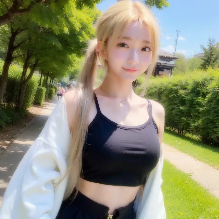 1 woman, (blue eyes), smiling, (Sana Minatozaki), wide hips, big bust, big ass, (best quality, 8K, masterpiece: 1.3), clear focus: 1.2, perfect body beauty: 1.4, slim abs: 1.2, Highly detailed face and skin texture, detailed eyes, double eyelid, (blonde ponytail hair, standing, in a japanese park,exposure,rape