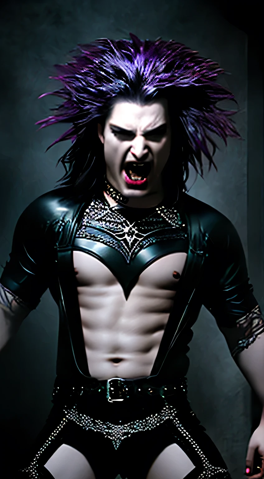 masterpiece, highest quality, ethereal,1guy, solo, ,  two-toned black and white hair, venom eyes, porcelain skin, long hair, wearing leather harness, black tight pants, luxury red room, jewelry, depth of field, cinematic lighting, muscular,  colored lights purple , vampire, fangs, no shirt 