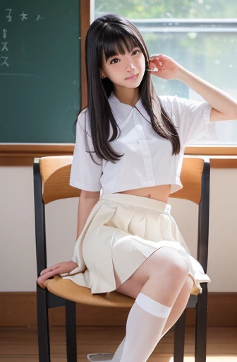 (Happy expression:1.26)、RAW Photos、(((Beautiful Skin:1.0)))、(((Ultimate beauty full body photo shoot)))、((Glowing Skin))、1 girl、((10 year old beautiful girl in Prague、10th Generation、Primary school students、young、young顔:1.0))、Bright expression、Detailed face、Fascinating、((Black-haired、Shortcuts:1.2))、skirt、View from the floor、(White long socks、White knee-high socks:1.2)、((belly buttonが露出したセーラー服:1.2))、Thin belly、belly buttonを出す、Short-length clothing、uniform、ミニskirt、(マイクロskirt、high waist)、skirt、(Place your elbows on the desk)、Spread your legs out to the side、((Sit on a chair with your crotch open:1.2)、((彼女は股を開いてskirtの中の白いパンティを見せてくれる:1.2))、(skirtが短いので白いパンティーが見える:1.1)、((彼女はskirtをたくし上げ私に白い食い込みパンティを見せてくれます:1.5))、((Sit on tiptoes in a chair:1.2))、Thin legs、Thin belly、Flat stomach、belly button、Counterpoint Shot、((Very detailed))、(完璧にDetailed face)、(Beautiful Hands)、(Finger details)、(Good human structure)、Detailed face、Fine Eyes、Thin Hair、A realistic masterpiece、最high quality、Very detailed、Film Light、Intricate details、High resolution、Very detailed))、Detailed Background、8KUHD、Digital single-lens reflex camera、Soft Light、high quality、Film Grain、Fujifilm XT3 、Shallow depth of field、natural Soft Light、Kamimei、classroom、Seen from a little below、Spread your legs and thighs out to the sides、Cum on thighs