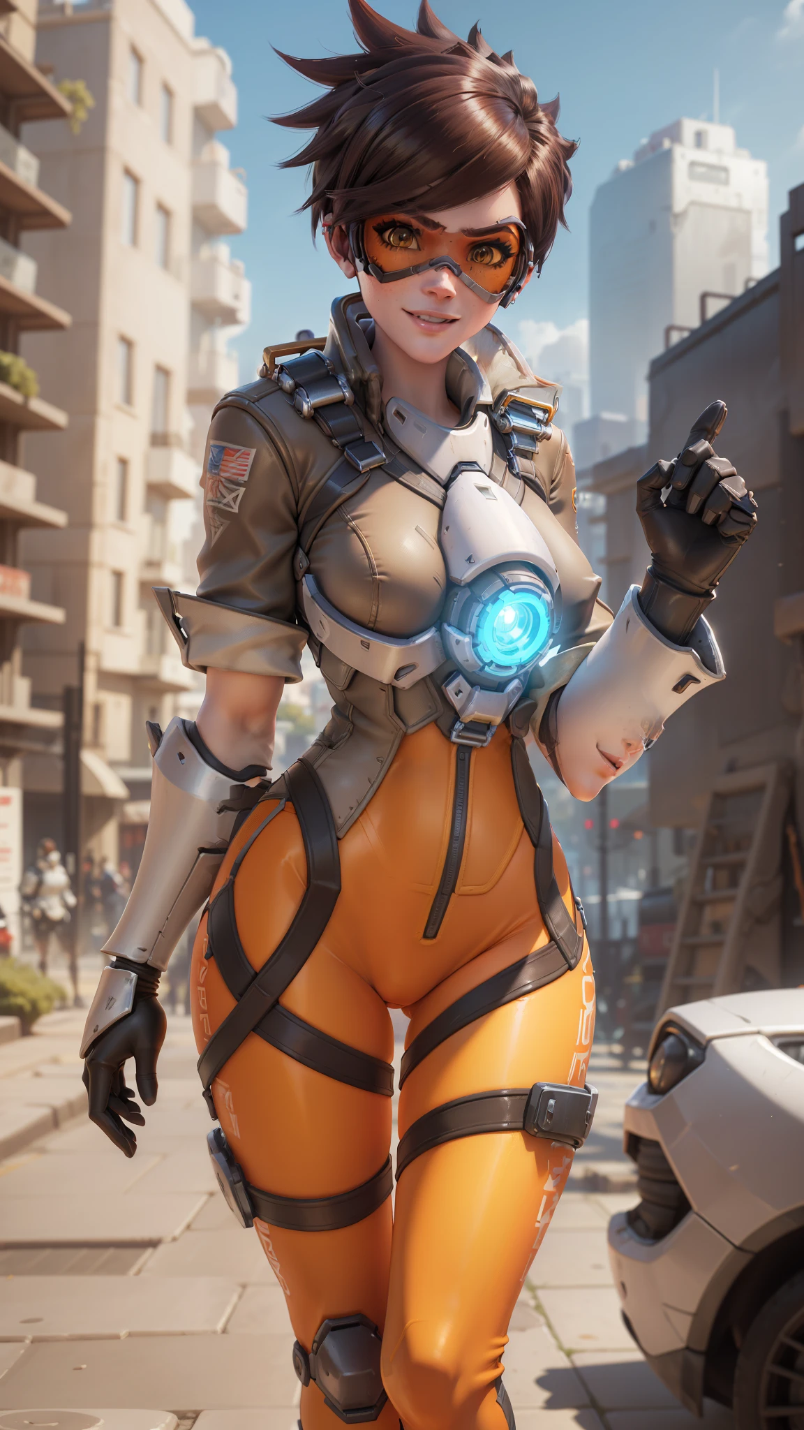 portrait of tracer, close up, 3d, CGI, gwen tennyson, tracer, overwatch, London, city park, modern city, mecha pilot, bodysuit, brown short sleeve pilot jacket, pumpkin orange sport leggings, short hair, punk makeup, hazel eyes, multicolored brown hair, happy smile, freckles, beautiful girl, medium breasts,8k,ultra detailed, realistic, fantasy art, cyborg armor, pilot uniform, ear piercings,(weather: windy), (visor, googles), combat stance, torn clothes,