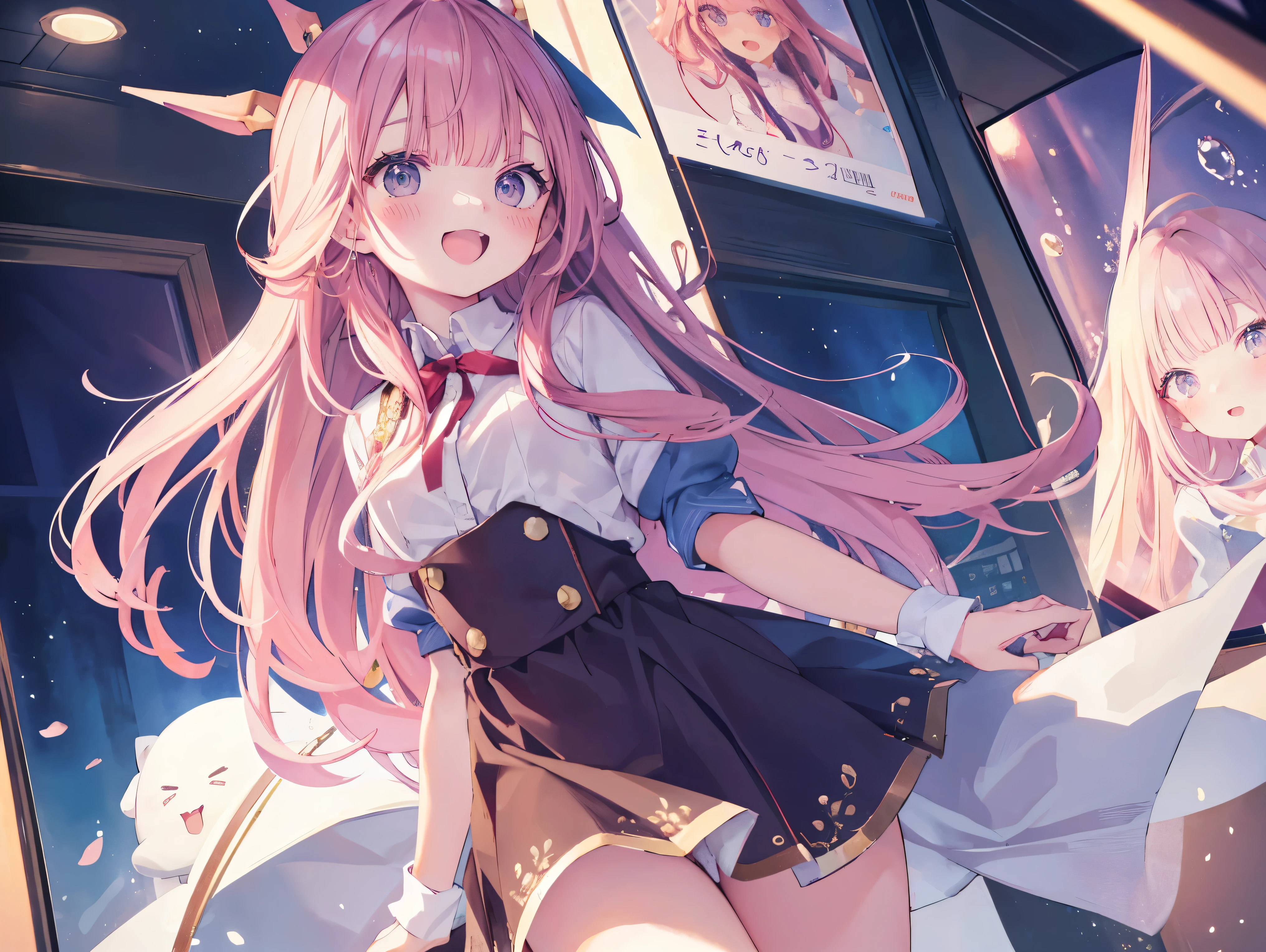 Masterpiece、Highest quality、highest quality、Good looking girl (blush), independent , Looking into the camera, masterpiece, Anime art style, (Open Mouth Smile)、Shiny hair quality、Small face、Dynamic pose、Super detailed, beautiful, wide eyes、Ultra-detailed, clear and beautiful faces、(cute illustration:1.2), High-resolution, ultra-detailed, best quality, embarrassed、Thighs, Awards, Anatomically correct