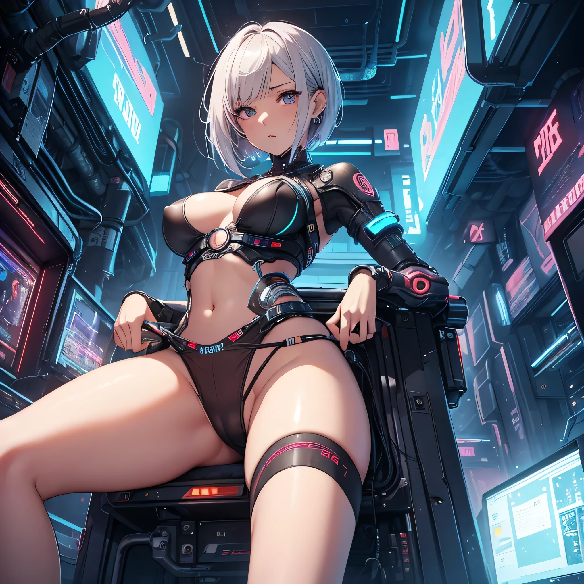 Netrunner Girl, Detailed, 21 years old, tattooed all over the body, delicate face, silver hair, short hair, lying down, cables connected all over the body, cybernetic implants, Cyber room, cyberpunk, Bladerunner, retro futuristic, Ultra HD 4K, Digital painting , Highest quality, High resolution, only, , no bra, Transparent panties, juow, from below, Both thighs are exaggerated, lewd, bed, Transpa underwear, heavy breathing, sexual expression, ope