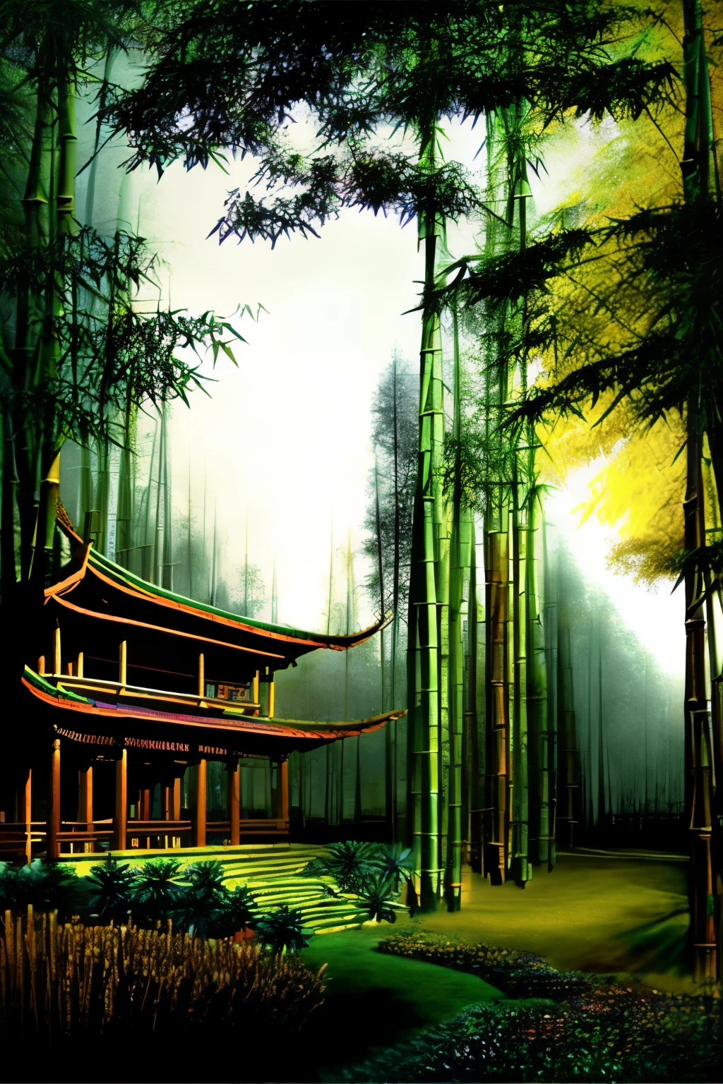 dense_fog,  tree, ,sunset, bamboo_forest,Chinese_ancient_architecture