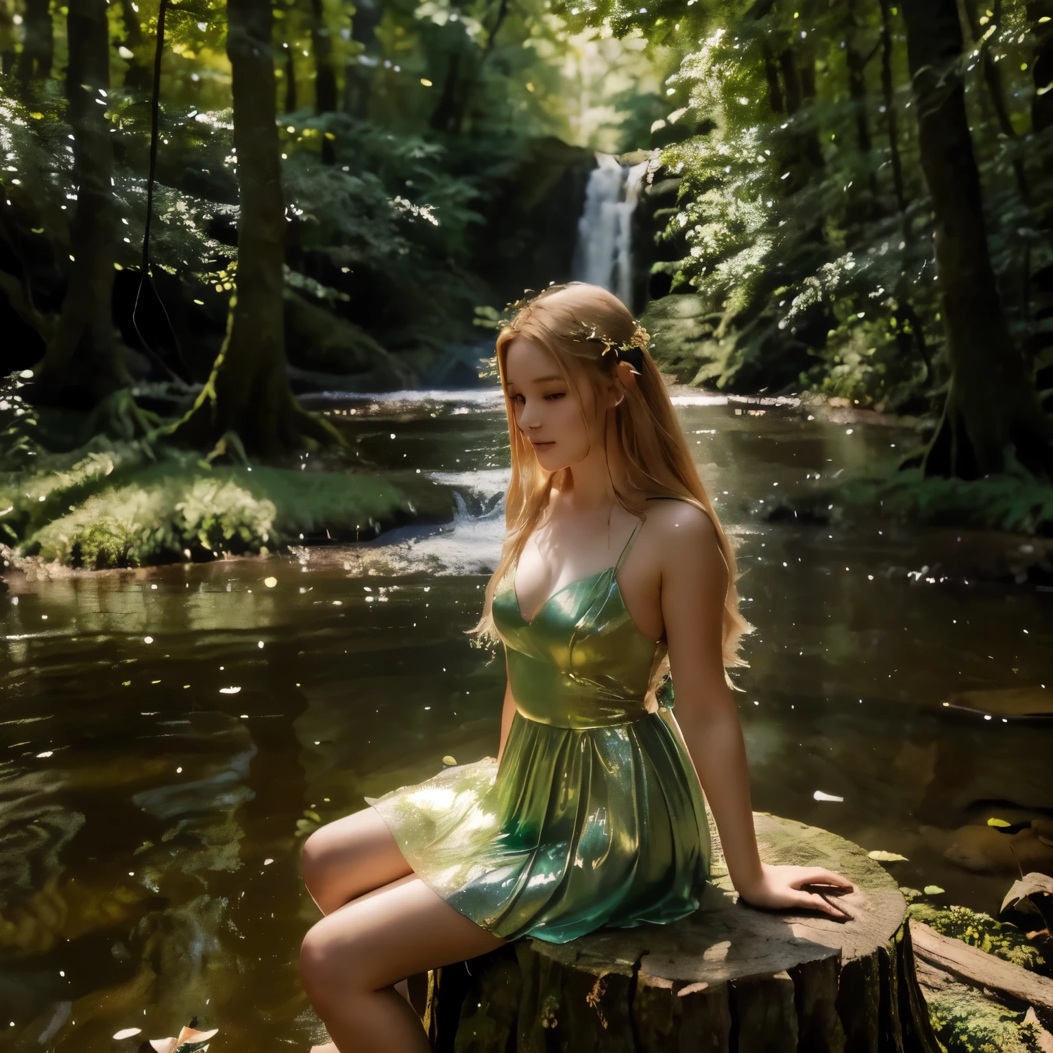 There was a woman sitting on a tree stump in the forest., forest fairy, Queen of the Summer Forest, Forest Spirit, Mother Nature, In the green forest, Next to the waterfall, Lost in a dreamy fairy landscape, Sitting in the Forrest, Goddess of the forest, Very beautiful top elf model., The invisible body of a remarkable young man, In the magical forest ,It has four large green wings that sparkle.