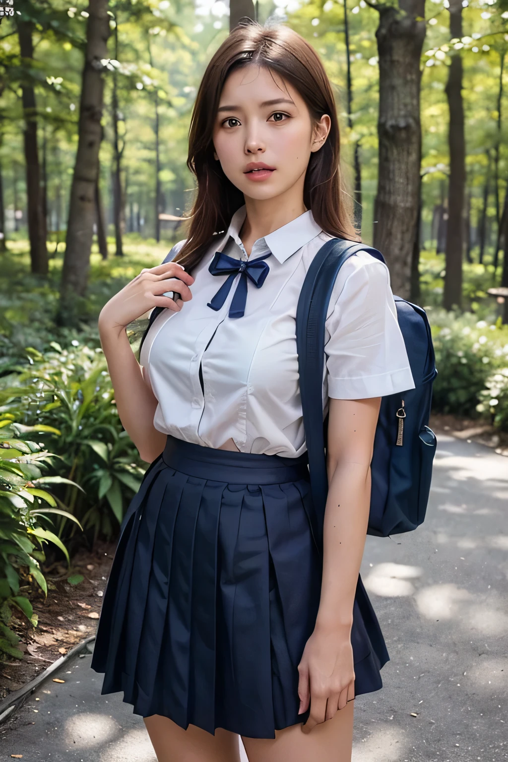 (Nature landscape photography), (highest quality), Tabletop:1.2, 超A high resolution, ((Cowboy Shot:1.4))、Realistic:1.4, RAW Photos, ((In the dark forest、wood々Light shines into the space:1.4)), (Shot from the front), ((White short-sleeved shirt for students:1.4)),((Large dark blue ribbon with butterfly on school uniform:1.4))、(One Girl), (Above the knees photo:1.3), (18-year-old), (Happy:1.2), (Wet skin), (Real Skin), (Semi-long hair, Dark brown hair)、 ((Navy blue pleated skirt that accentuates thighs:1.4)), ((Carry a large rucksack:1.4)), (Ultra detailed face), (Super beautiful female high school student), (Highly detailed eyes), (Very elaborate nose), (Very sophisticated mouth), (Very skilled hands), (Super-detailed body), Pan Focus, Gazing at the audience、Confused expression:1.7、