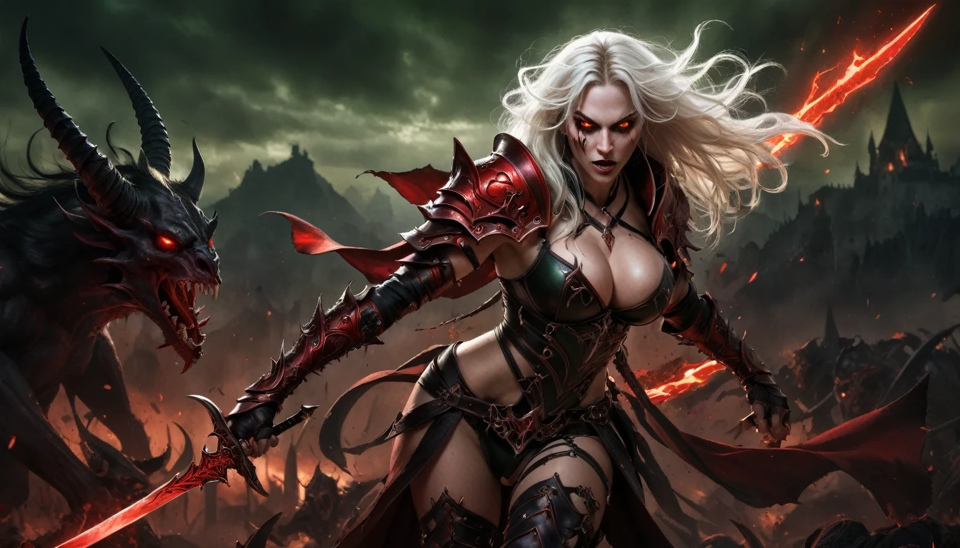 Illustrate a stunning movie poster for an epic fantasy trailer featuring Callizto, a night elf demon hunter. She is depicted with a fierce expression,White long hair, Black demon horns, red demon wings, her green eyes piercing through the darkness. large breast:1.8, cleavage, temptation, seduction, eat your soul, seduction, She wears a sexy ornate, Black and red leather armor with a demonic influence, holding two blazing swords crossed in front of her. The backdrop is a war-torn battlefield under a blood-red sky, with demonic creatures emerging from the shadows. Highlight her as the central figure with a dark, magical glow surrounding her.