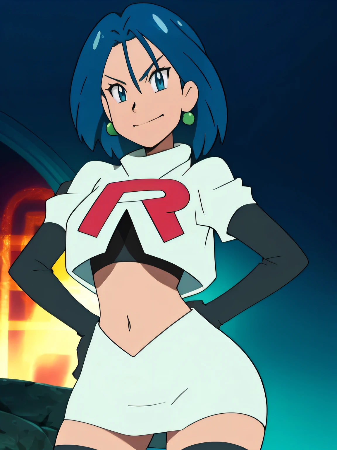 a defShamir, earrings, glossy lips, team rocket uniform, red letter R, white skirt, white crop top, black thigh-high boots, black elbow gloves, evil smile, hands on hips, anime art style, detailed facial features, highly detailed, 8k, photorealistic, vibrant colors, dramatic lighting, cinematic composition