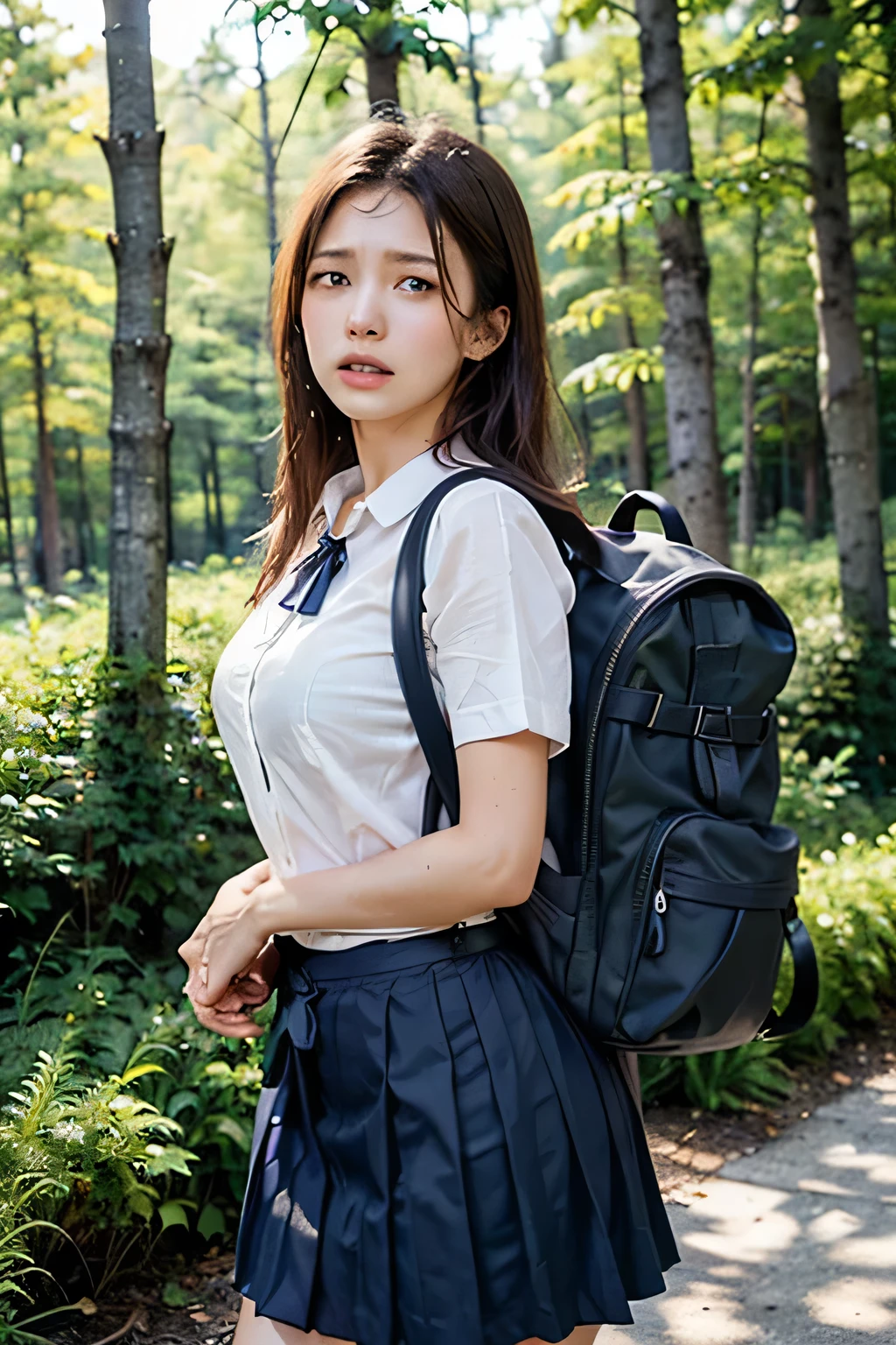 (Nature landscape photography), (highest quality), Tabletop:1.2, 超A high resolution, ((Cowboy Shot:1.4))、Realistic:1.4, RAW Photos, ((In the dark forest、wood々Light shines into the space:1.4)), (Shot from the front), ((White short-sleeved shirt for students:1.4)),((Ribbon tie for school uniform:1.4))、(One Girl), (Above the knees photo:1.3), (18-year-old), (Happy:1.2), (Wet skin), (Real Skin), (Semi-long hair, Dark brown hair)、 ((Navy blue pleated skirt that accentuates thighs:1.4)), ((Carry a large rucksack:1.4)), (Ultra detailed face), (Super beautiful female high school student), (Highly detailed eyes), (Very elaborate nose), (Very sophisticated mouth), (Very skilled hands), (Super-detailed body), Pan Focus, Gazing at the audience、Confused expression:1.7、