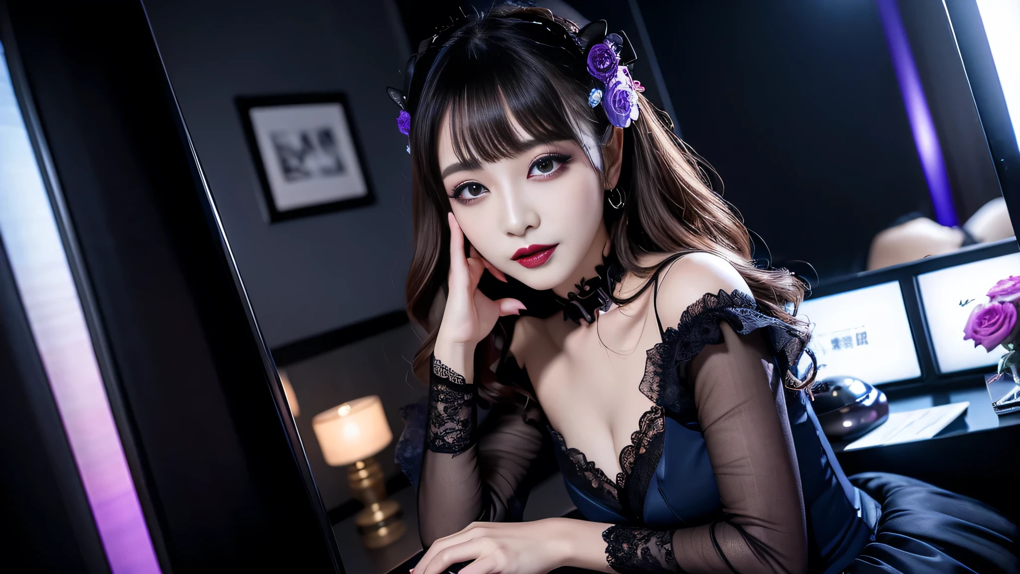 best quality、ultra-detailed、4k、Japanese、Seductive beauty、seductive adult woman、Pretty Woman、cool girl、Villainess、Brainwashed、brainwash、Fallen into evil、smirk、Evil look、Wicked Smile、evil、Brown hair、wavy hair、swept bangs、dark makeup、dark makeup、piercing eyes、hollow eyes,half-closed eyes、Hollow Eyes、purple Eyeshadow、black lipstick、black lipglos、Lace fabric、blue party dress、Wide sleeves、stockings、pantyhose、night、inside darkroom、Are standing、shoot from below、Make up、Makeup brushes、Have lipstick、Swear allegiance、I have pledged my allegiance、Seduce、