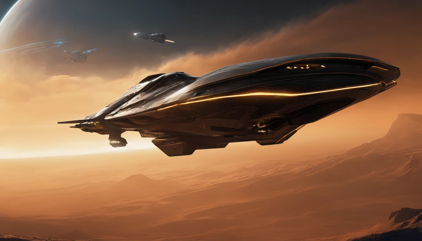 spaceships flying in the air with a black background, spaceship concept art, dark ( spaceship ), retro sci-fi spaceship, sleek interceptor profile, speeder, nicolas bouvier sparth, space ships, star citizen digital art, inspired by Chris Foss, style of chris foss, spaceship design, sparth style, concept art of chris foss, futuristic starship, flying by a giant version of Titan-Earth-esque planet.