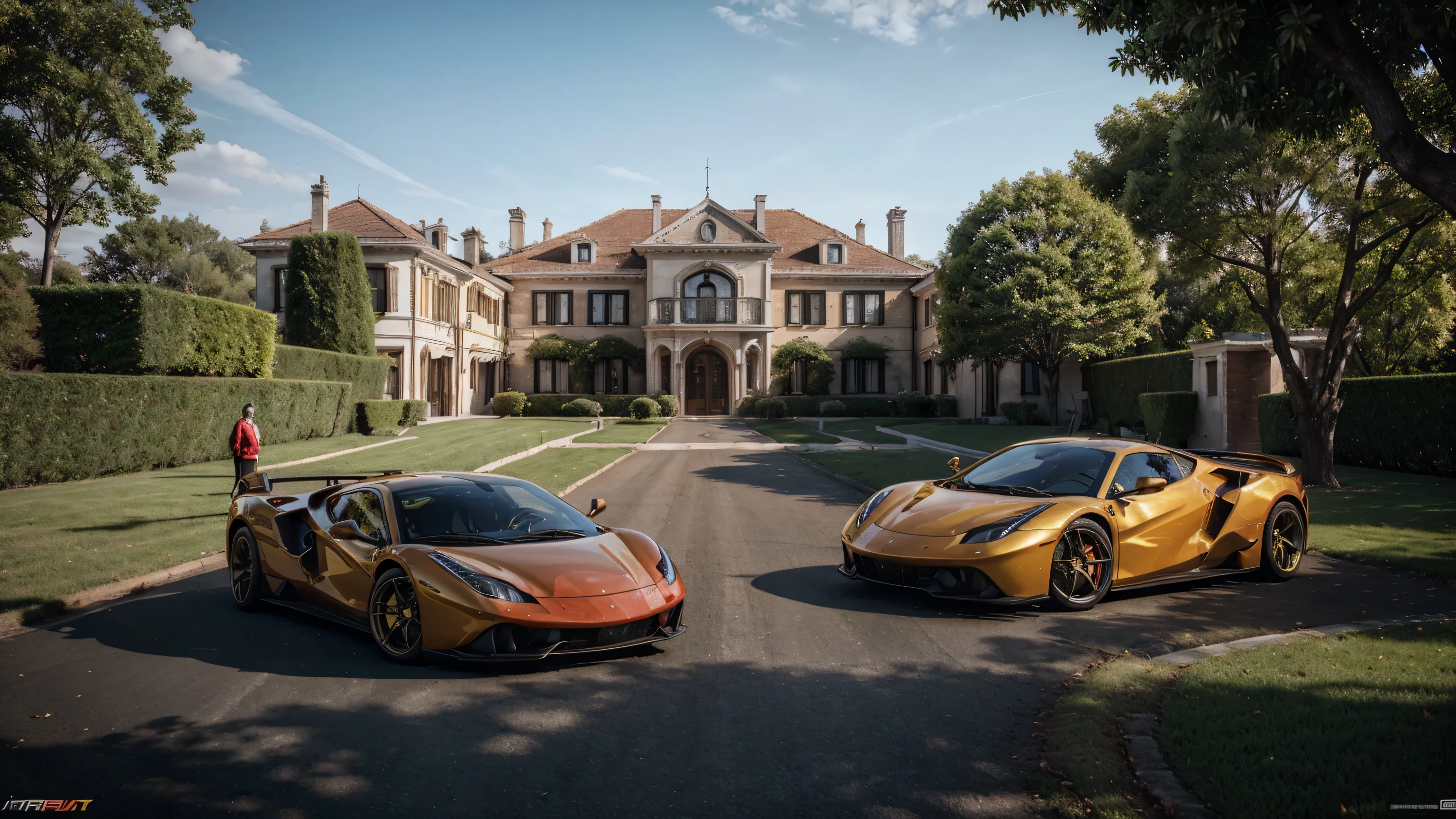 a mansion with golden trees full of cars and ferraris in the backyard, ultra realistic image, hyper detailed skin, vivid and intense colors, 8K.