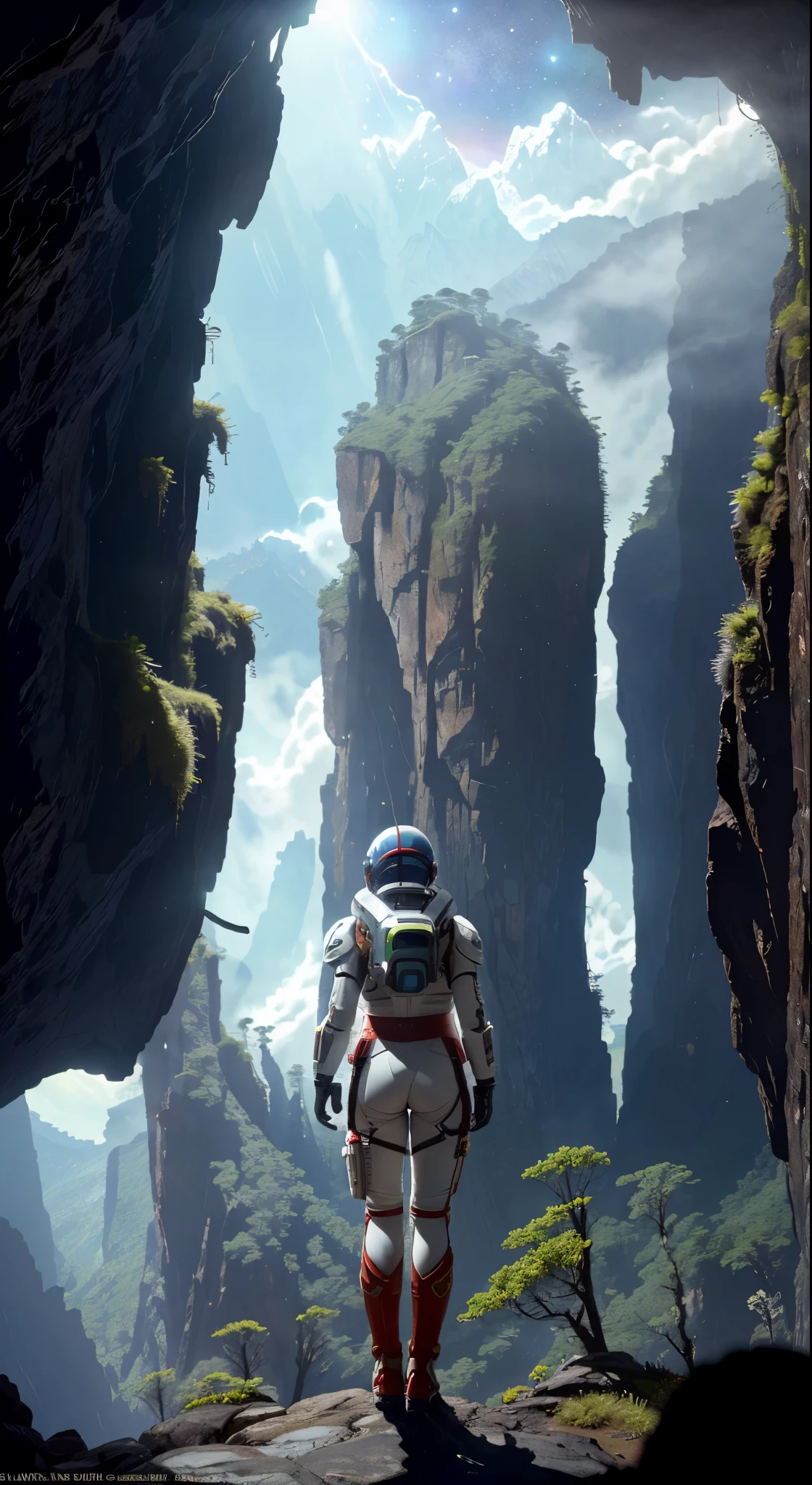 (35mmstyle:1.2), Highly detailed RAW color Photo, Rear Angle, Full Body, of (female space marine, wearing white and red space suit, futuristic helmet, tined face shield, rebreather, accentuated booty), outdoors, (standing on Precipice of tall rocky mountain, looking out at magical lush green rain forest on alien planet), vivid detail, (exotic alien planet), toned body, big butt, (sci-fi), (mountains:1.1), (lush green vegetation), (two moons in sky:0.8), (highly detailed, hyperdetailed, intricate), (lens flare:0.7), (bloom:0.7), particle effects, raytracing, cinematic lighting, shallow depth of field, photographed on a Sony a9 II, 35mm wide angle lens, sharp focus, cinematic film still from Gravity 2013, viewed from behind, dynamic angle