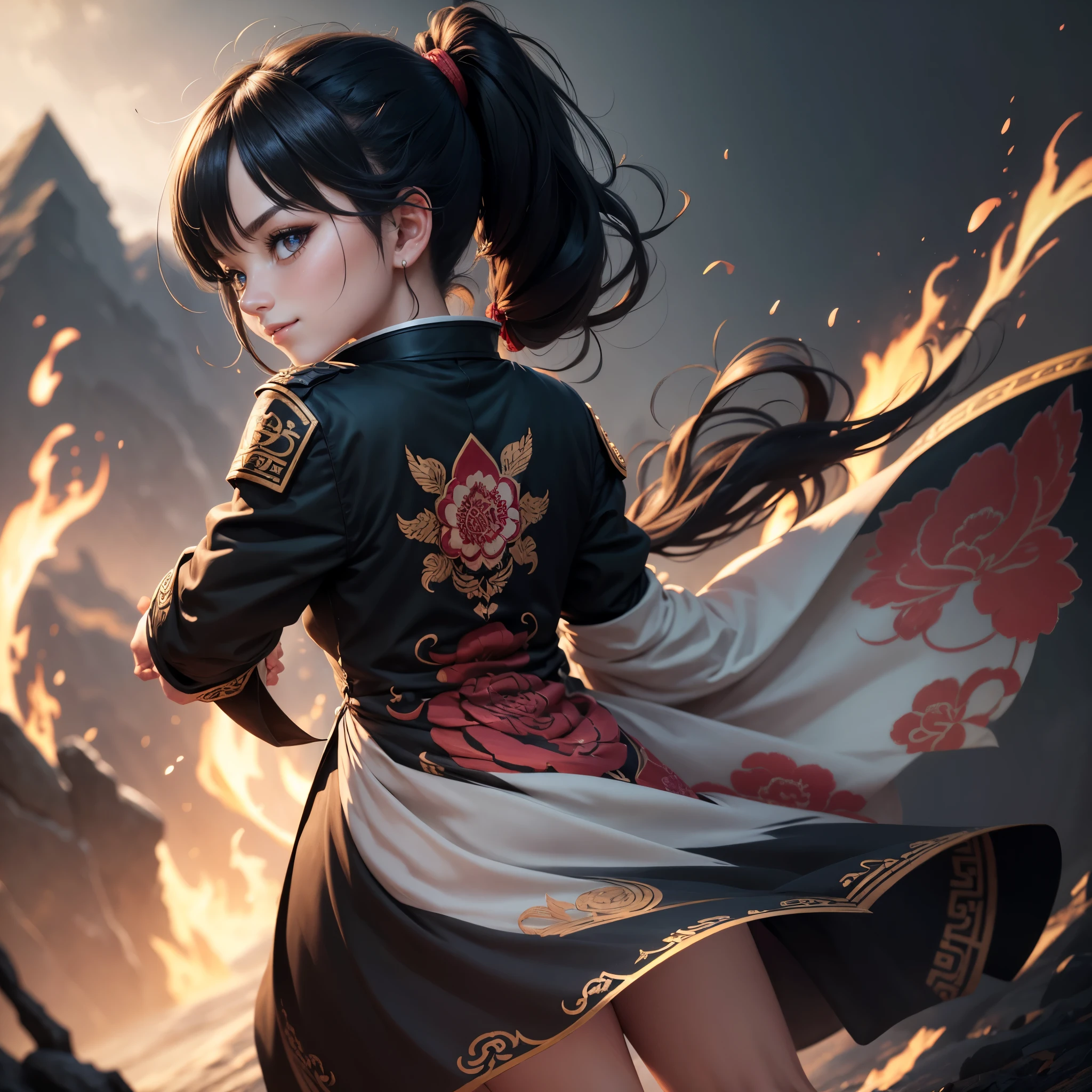 Highly detailed CG unit 8k wallpaper, masterpiece, High resolution, highest quality, highest quality real texture skin, Super Real, Digital Painting, Best image quality, 最High resolution, 8k, (((1 boy))), (Full Body Shot, profile, low length, ), Tattoo, Round eyes, Big Eyes, chinese style embroidery, Chinese style decoration, black hair, Round eyes, evil grin, grin, smile, typhoon, Strong winds, Tunic, (pony tail),