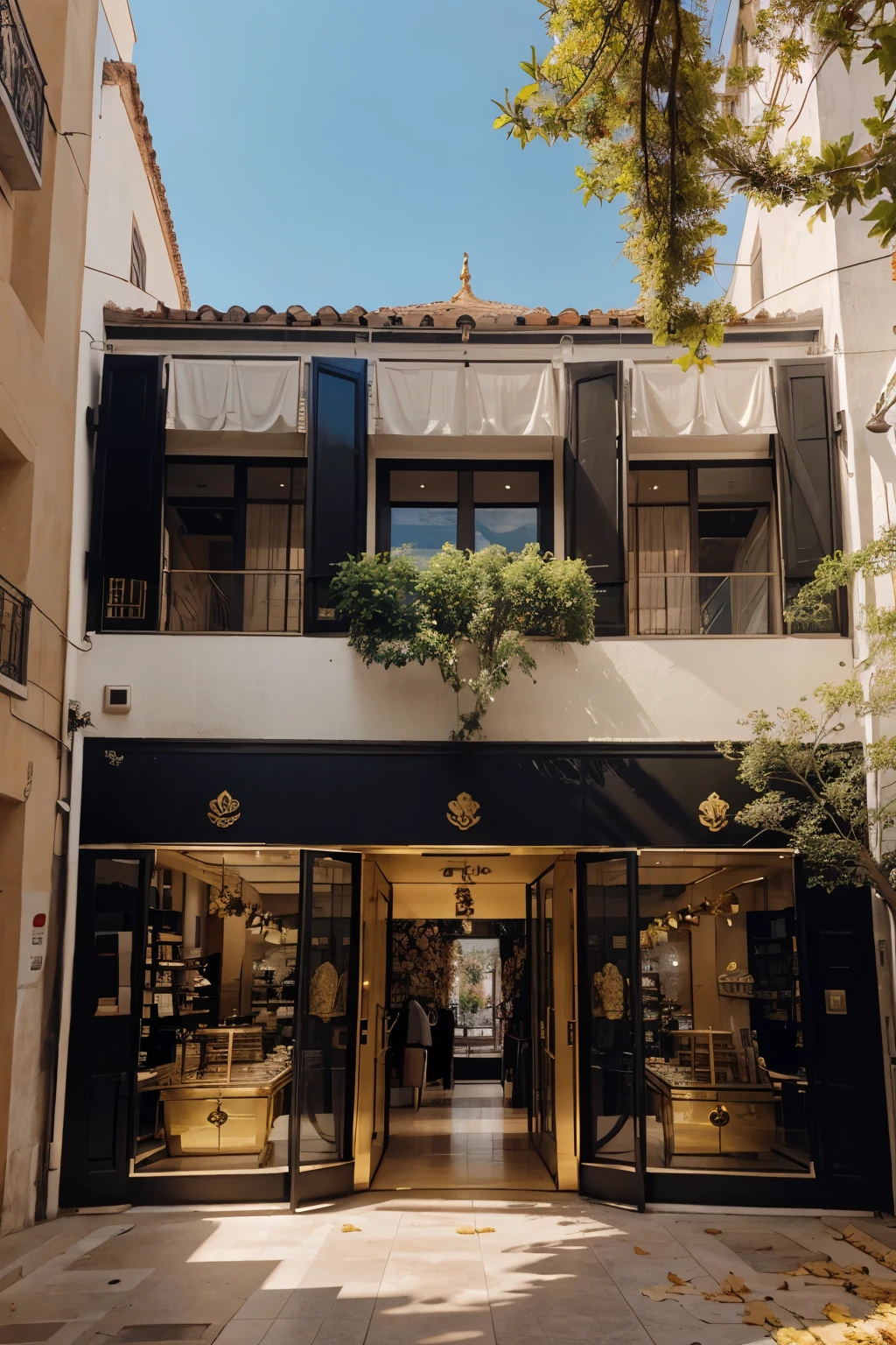 store facade with 8 meter ceilings all made of full glass with a fig tree on the inside with golden leaves, architecture

