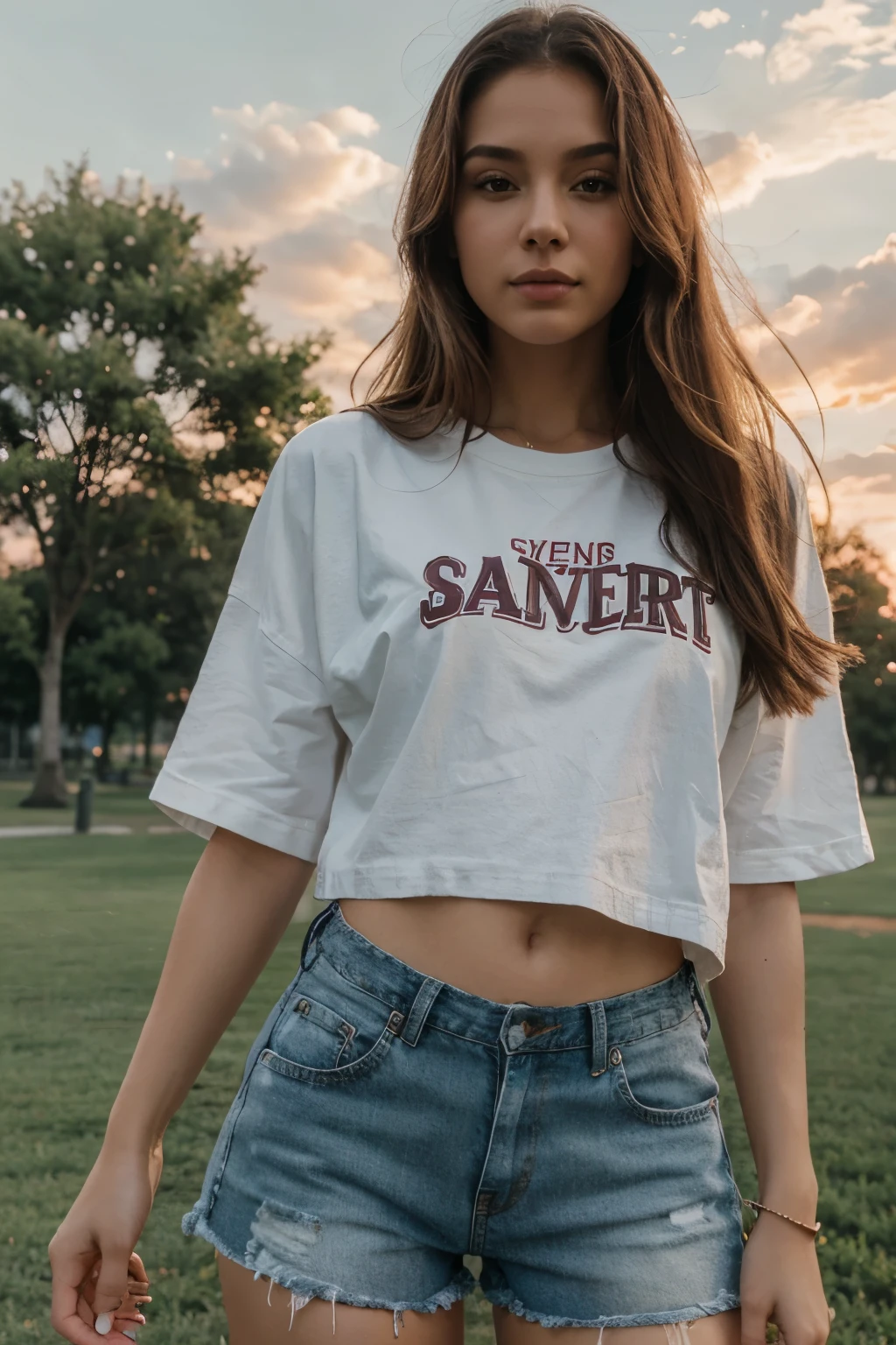 On the park watching the sunset, with jean shorts and an oversized shirt