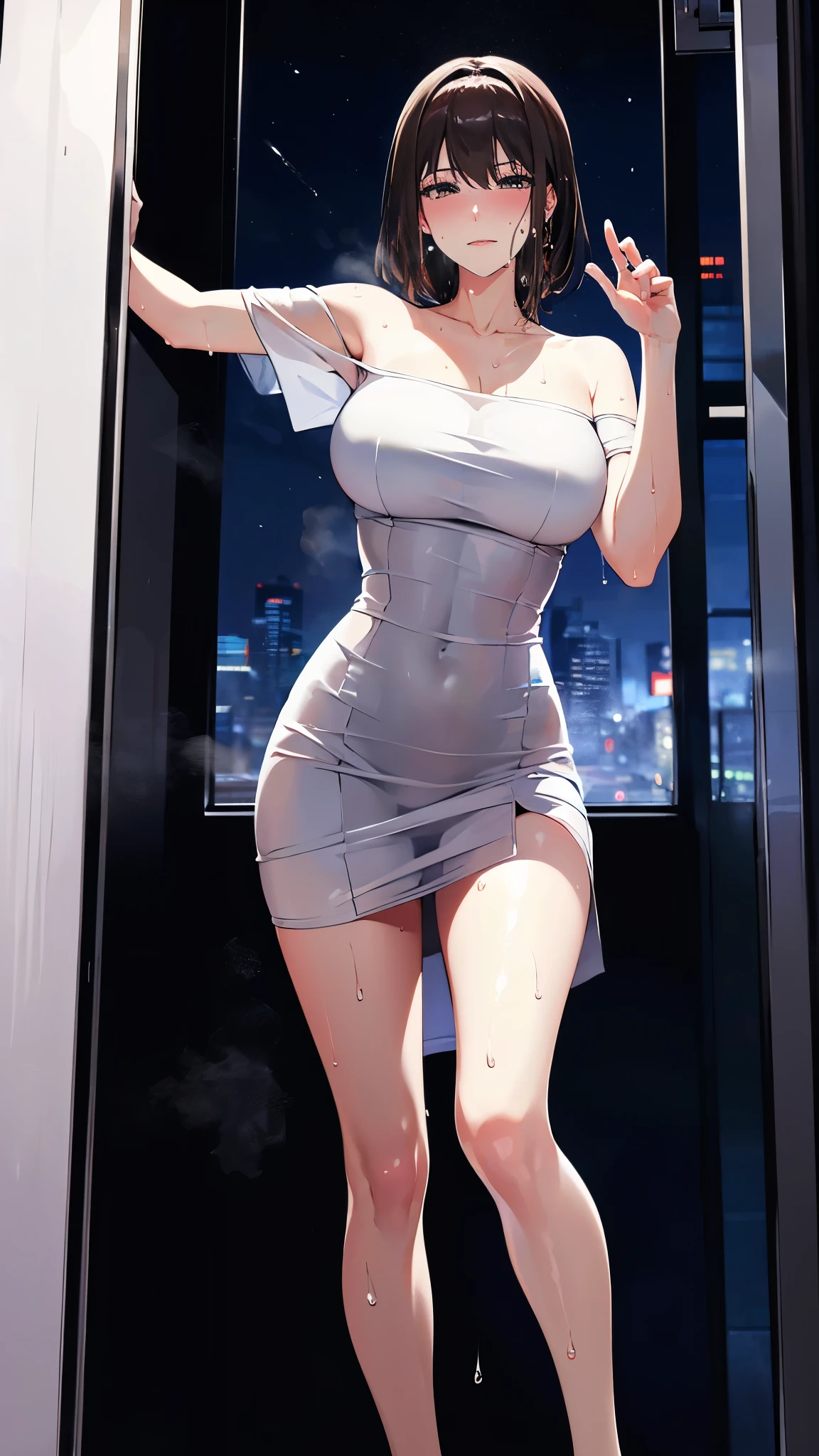 (8k, RAW photo、highest quality、masterpiece:1.2), Masterpiece, best quality, high resolution, very detailed, detailed background, 1 girl, looking at the audience, standing on the elevator, inside the train, posing pose,  off-the-shoulder dress, skirt, transparent, happy, (steam),((sweat))、The temptress、invite to lewdness、(night:1.6)