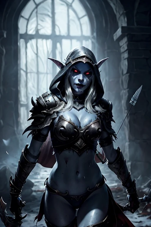 (HDR, 8k, masterpiece, intricate details), (((savage grace, beautiful elegant violence))), dancer of the boreal valley snow, prowling lithe long limbs, crawling slender knight, helm, weapons, highly detailed armor, glossy metal, metallic refraction, unsettling fluid movements, gossamer sheer fabric, see-through delicate veil, dark souls, bonfire, elf, Sylvanas Windrunner, long hair, silver hair, large breasts, looking at viewer, red eyes, cleavage, large breasts, white hair, choker, hood, cape, pointed ears, armor, lips, shiny, colored skin, goblin, blue skin, arrow, bikini armor, shoulder pads, undead, violet skin color. prowling slender lithe , mirror shine, ethereal lighting, wlop, obsidian armor, flaming blade, icy sword, holding weapons, unnaturally long limbs, ghostly wisps, liquid shimmer,