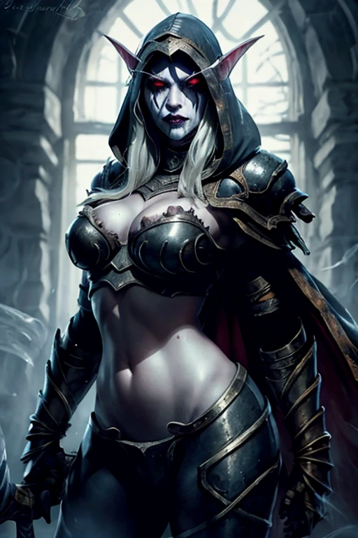 (HDR, 8k, masterpiece, intricate details), (((savage grace, beautiful elegant violence))), dancer of the boreal valley snow, prowling lithe long limbs, crawling slender knight, helm, weapons, highly detailed armor, glossy metal, metallic refraction, unsettling fluid movements, gossamer sheer fabric, see-through delicate veil, dark souls, bonfire, elf, Sylvanas Windrunner, long hair, silver hair, large breasts, looking at viewer, red eyes, cleavage, large breasts, white hair, choker, hood, cape, pointed ears, armor, lips, shiny, colored skin, goblin, blue skin, arrow, bikini armor, shoulder pads, undead, violet skin color. prowling slender lithe , mirror shine, ethereal lighting, wlop, obsidian armor, flaming blade, icy sword, holding weapons, unnaturally long limbs, ghostly wisps, liquid shimmer,