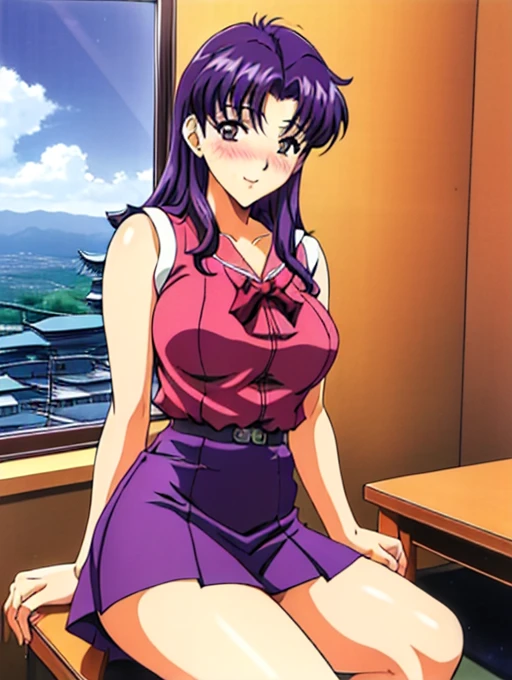 ((Katsuragi Castle_Misato)), Sailor suit,Miniskirt Photo shoot in apartment, Moderate_chest, Purple Hair,blush、 (analog quality:0.6), (Film Grain:0.8),Sexy pose、Skirt lifted、Panty shot、Showing cute panties、Sit at the table