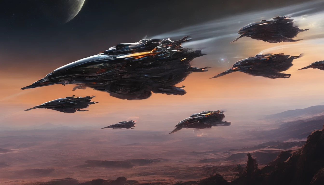 spaceships flying in the air with a black background, spaceship concept art, dark ( spaceship ), retro sci-fi spaceship, sleek interceptor profile, speeder, nicolas bouvier sparth, space ships, star citizen digital art, inspired by Chris Foss, style of chris foss, spaceship design, sparth style, concept art of chris foss, futuristic starship, flying by a giant version of Titan-Earth-esque planet.