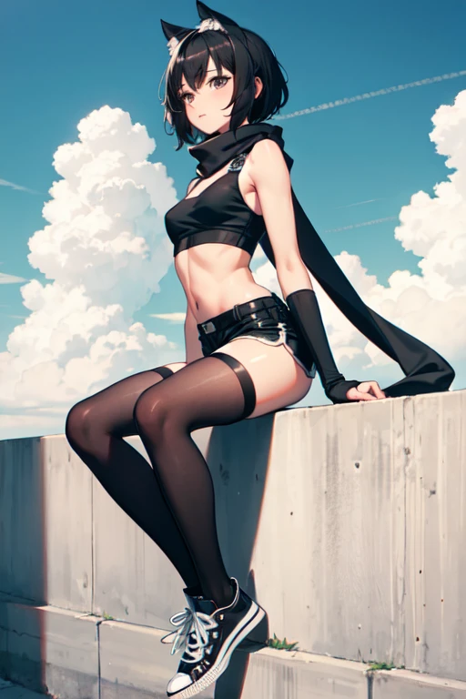 femboy, long black thigh-high stockings, black arm warmers, black top, black short shorts, black converse high-top sneakers, clouds on the wrists, short black broken hair, Latin, fluffy gray scarf, Latin.