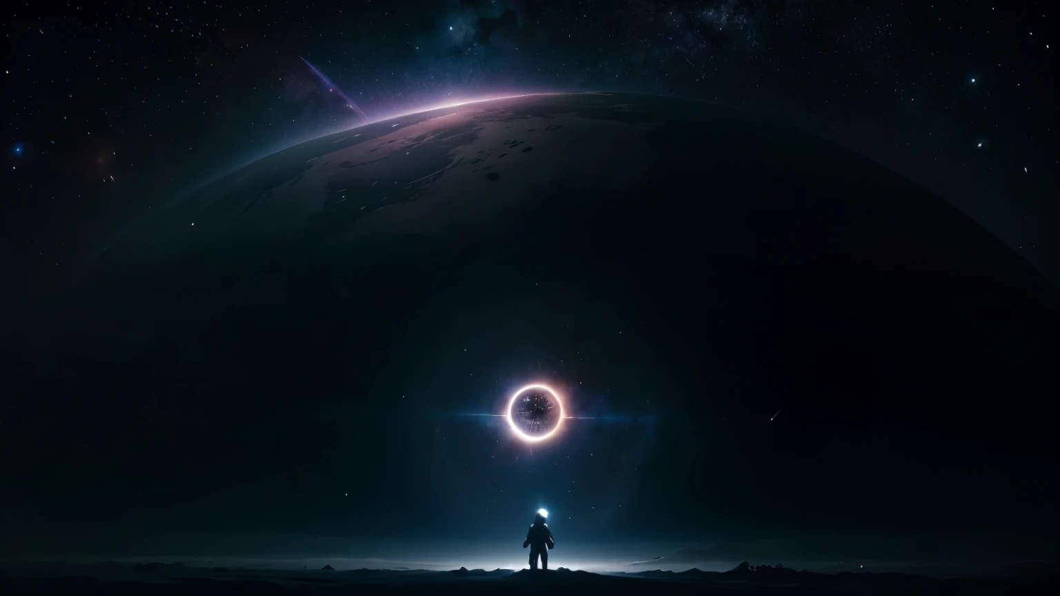 Um planeta roxo celeste, a distant galaxy, a giant clock, um foguete e um astronauta perdido 
