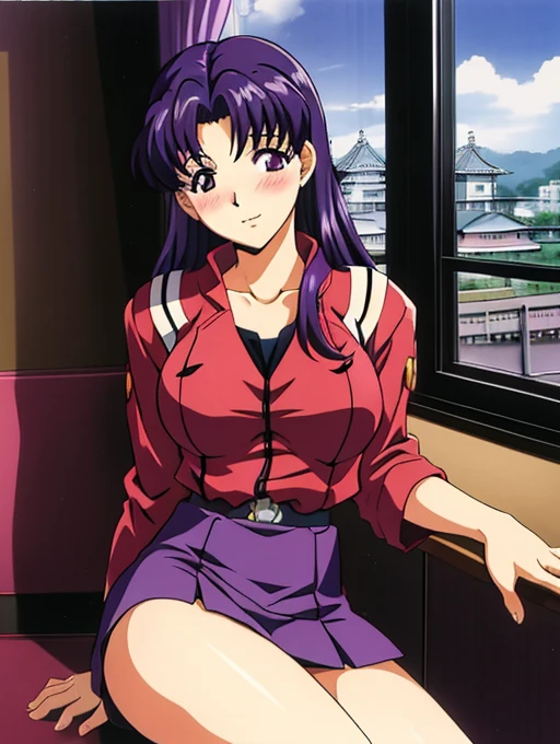 ((Katsuragi Castle_Misato)), Sailor suit,Miniskirt Photo shoot in apartment, Moderate_chest, Purple Hair,blush、 (og quality:0.6), (Film Grain:0.8),Skirt lifted、Pantt、Showing cute panties、She table