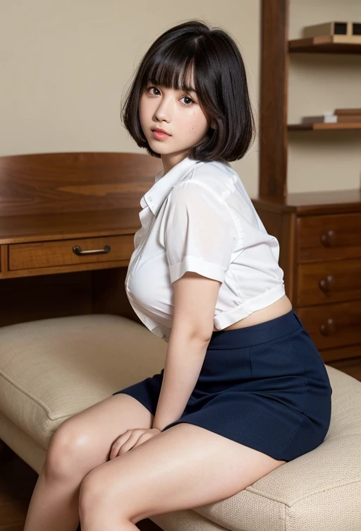 (highest quality, 8k, masterpiece ), A 12-year-old junior high school student with a young face、Short Hair, bangs、The bra is visible,Black Hair、My shirt is about to burst、、bangs:0.6,Glamour thighs、A very tight, see-through button-down shirt、Navy Pleated Mini Skirt, Highly detailed face, double eyelid, Strong natural light、Round face:1.2、whole body、Plump thighs:1.1、loafers、round face:1.3、Side Angle,Diagonal horizontal angle:1.2