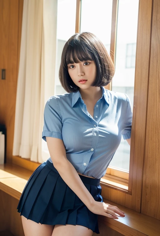 (highest quality, 8k, masterpiece ), A 12-year-old junior high school student with a young face、Short Hair, bangs、The bra is visible,Black Hair、My shirt is about to burst、、bangs:0.6,Glamour thighs、A very tight, see-through button-down shirt、Navy Pleated Mini Skirt, Highly detailed face, double eyelid, Strong natural light、Round face:1.2、whole body、Plump thighs:1.1、loafers、round face:1.3、Side Angle,Diagonal horizontal angle:1.2