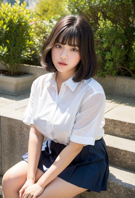 (highest quality, 8k, masterpiece ), A 12-year-old junior high school student with a young face、Short Hair, bangs、The bra is visible,Black Hair、My shirt is about to burst、、bangs:0.6,Glamour thighs、A very tight, see-through button-down shirt、Navy Pleated Mini Skirt, Highly detailed face, double eyelid, Strong natural light、Round face:1.2、whole body、Plump thighs:1.1、loafers、round face:1.3、Side Angle,Diagonal horizontal angle:1.2